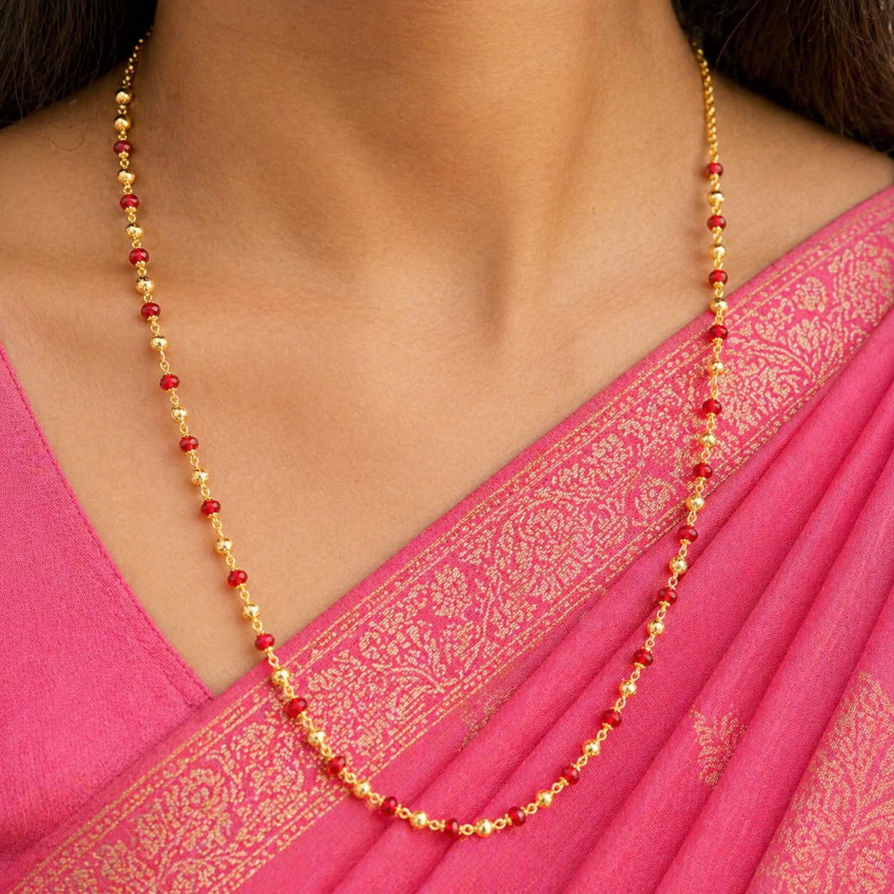 Premium Gold Plated Red Bead Chain for Women | 24 Inch Lightweight Traditional Chain SKU 603