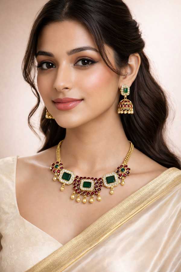 Antique Gold Plated Kundan Necklace Set with Red & Green Stones 1503