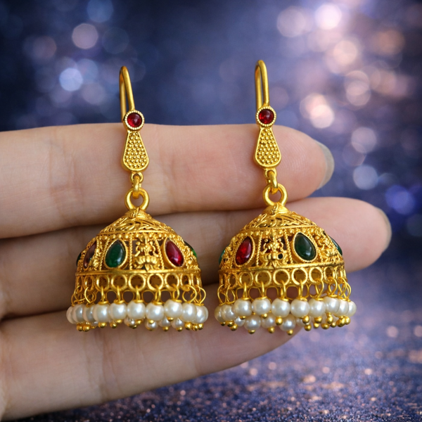 Traditional Multi-Stone Pearl Jhumka Earrings – Gold Plated Ethnic Jhumki 1446