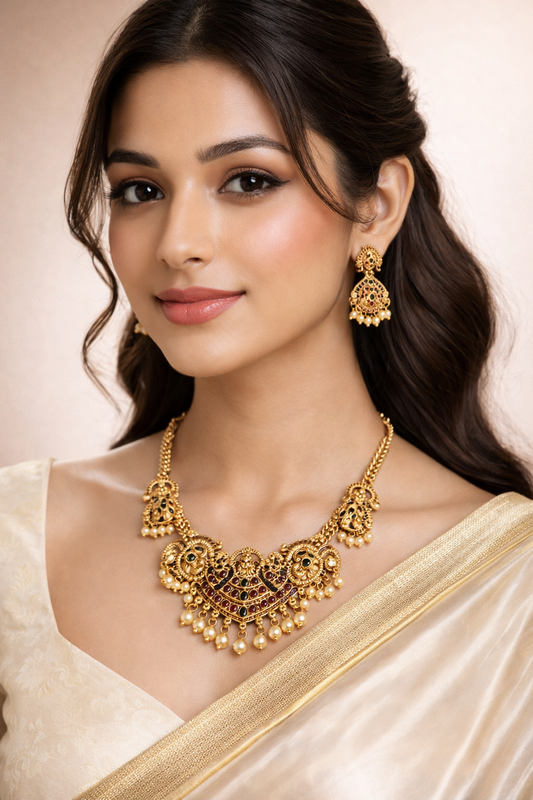 Antique Temple Style Necklace Set – Gold Plated Red Green Stone Ethnic Jewellery 1501