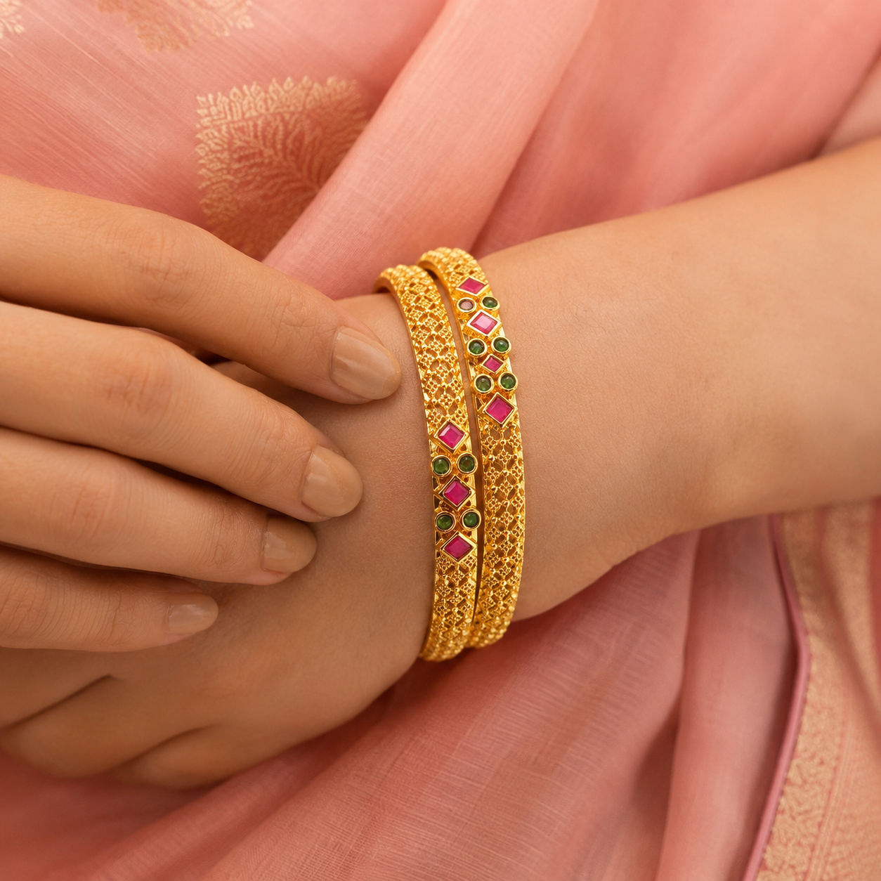 Royal Ruby Green Stone Gold Plated Bangles sku 617