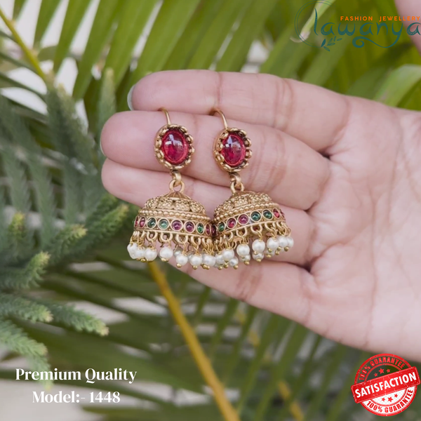 Traditional Stone & Pearl Jhumka Earrings – Gold Plated Ethnic Jhumki 1448
